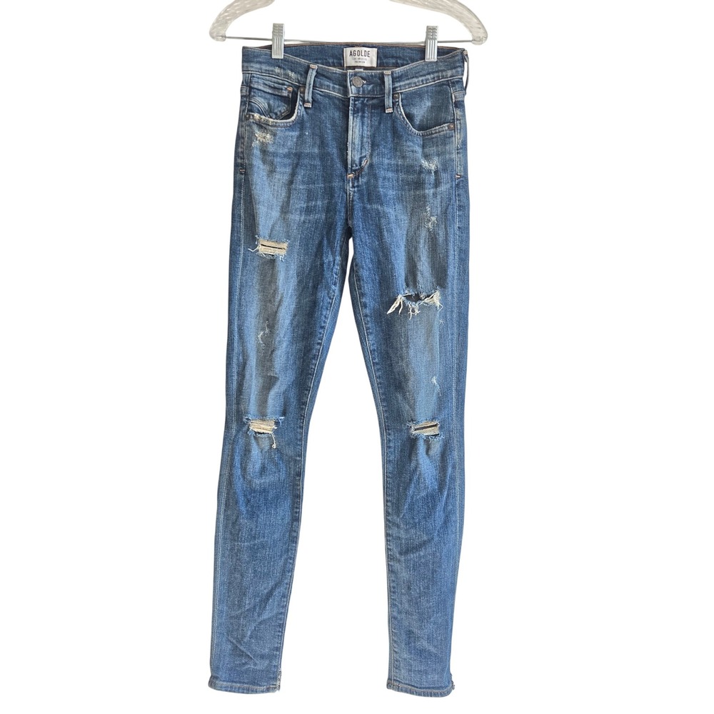 Agolde 24 Skinny Sophie Jeans Blue Excellent Distressed High Rise Raw Hem Denim